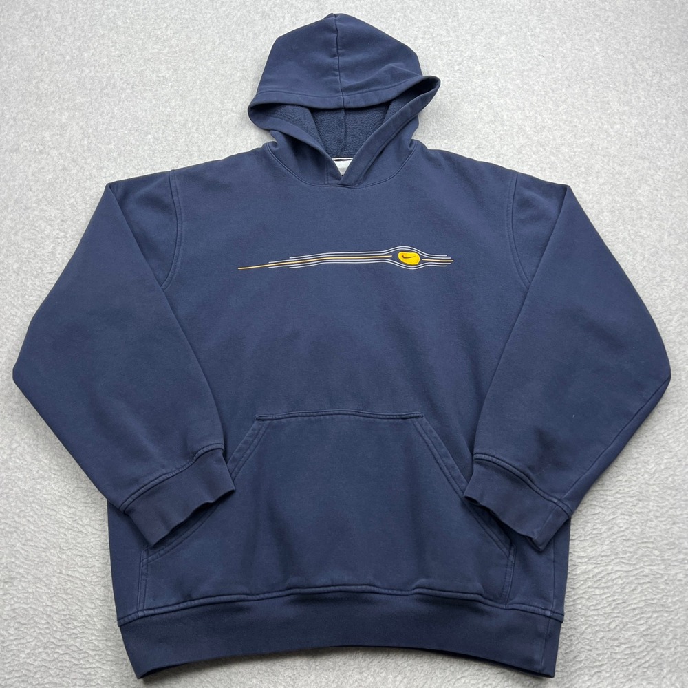 VTG Nike Hoodie Mens Large Blue Y2K Silver Tag Graphic Swoosh Travis Pullover